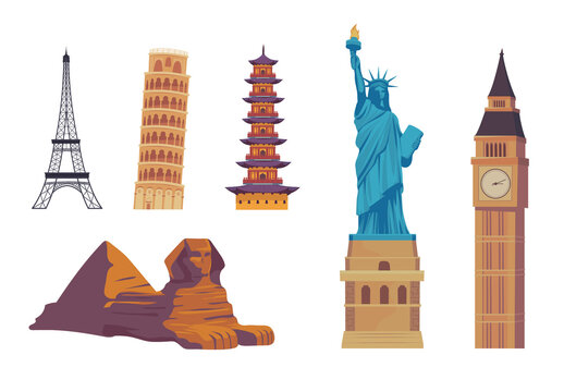 Colorful Landmarks Monuments Architecture Tourism Travel Illustrations Set