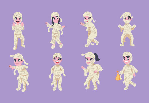 Colorful Mummy Costume Halloween Cartoon Characters Illustrations Set