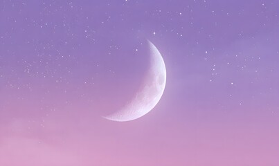a large crescent moon on a starry background of near-black with a violet tint, accented with a soft pink-lavender glow