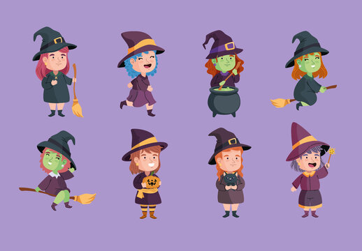Colorful Halloween Cute Witch Magic Costume Illustrations Set