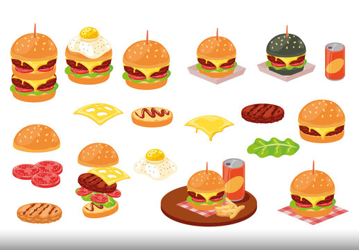 Colorful Fast Food Traditional Snack Delicious Illustrations Set