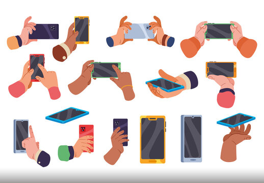 Colorful Hands Smartphones Devices Mobile Gestures Illustrations Set
