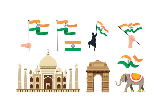 Colorful India Independence Day Festival Celebration Illustrations Set