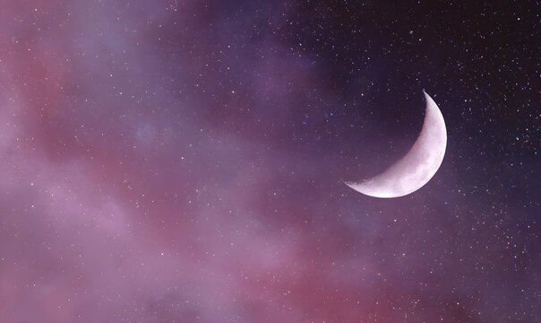 a large crescent moon on a starry background of near-black with a violet tint, accented with a soft pink-lavender glow