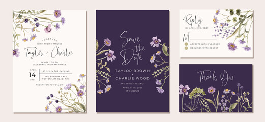 Fototapeta na wymiar wedding invitation set with purple wildflower watercolor background