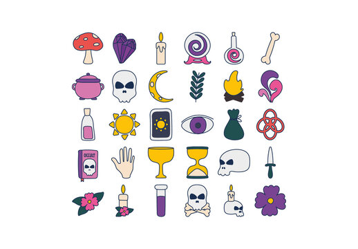 Colorful Occult Mystical Witchcraft Magic Skull Icons Set