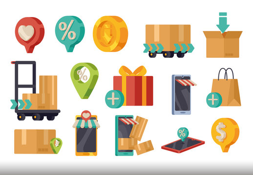 Colorful Online Delivery Mobile Shopping Commerce Icons Set