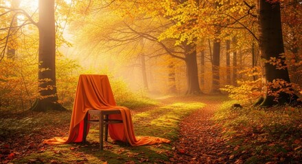 A chair with an orange cloth draped over it in a forest setting with autumn leaves and sunlight filtering through the trees.
