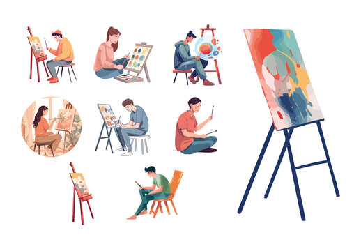 Colorful People Art Activity Hobby Illustrations Set