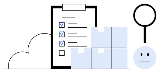 Checklist with marked tasks, stacked boxes, magnifier, neutral face, and cloud. Ideal for logistics, quality control, organization supply chain productivity task management and planning. Simple