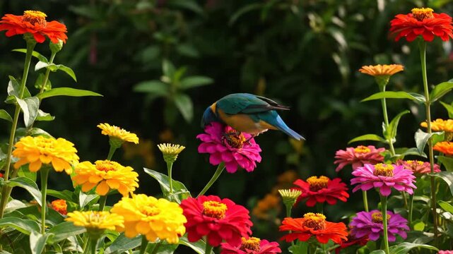 Bird perched on a colorful zinnia flower in a lush garden scene
