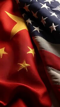 Closeup of Waving American and Chinese Flags with Flapping Fabric and Vibrant Colors