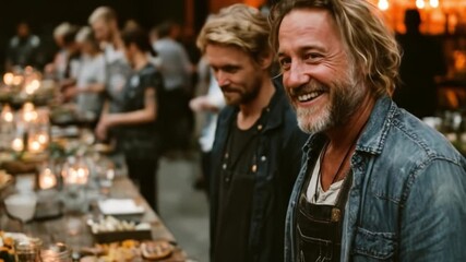 Men enjoying social gathering at a long table with food and drinks