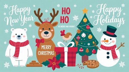 Charming holiday characters wishing merry Christmas and happy new year