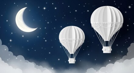 Two white hot air balloons flying in the night sky with a crescent moon and stars.