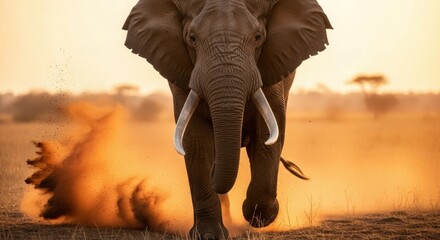 Majestic African Elephant Charging Through the Dust in Golden Light.