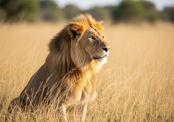 Lion sitting in tall grass looking to the right with blurred background