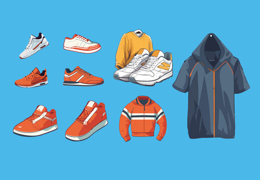 Colorful Sneakers Sportswear Equipment Illustrations Set