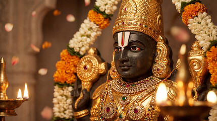 Closeup of lord venkateswara deity adorned with golden ornaments and flower garlands in a hindu temple