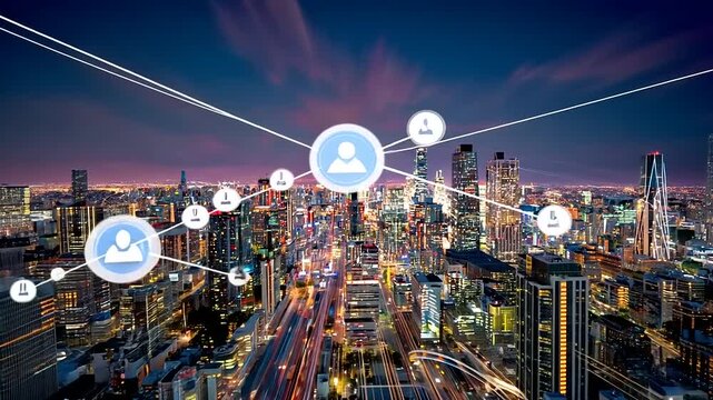 City skyline at night with digital connections illustrating networking and urban life dynamics - Powered by Adobe