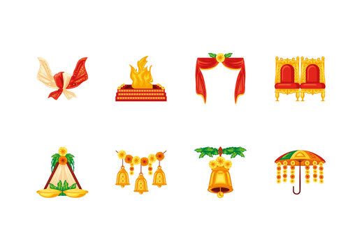 Colorful Traditional Indian Wedding Ceremony Mandap Illustrations Set
