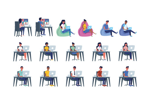 Colorful Virtual Meeting Office People Work Illustrations Set