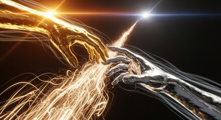 Futuristic Connection - Golden and Silver Hands Touching with Energy Sparks.