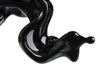 A smooth. flowing stream of black liquid paint gracefully curves and twists against a white background. its glossy texture and artistic potential for creative projects