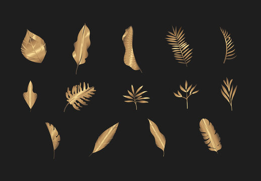 Gold Metallic Leaves Nature Botanic Icons Set