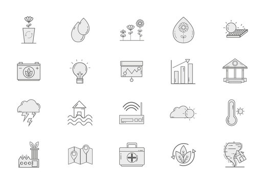 Gray And Black Climate Energy Environment Sustainability Icons Set