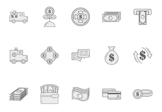 Gray Minimalist Money Banking Payment Finance Icons Set