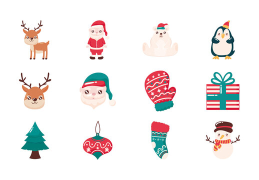 Colorful Merry Christmas Santa Holiday Illustrations Set