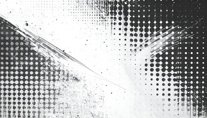 A grayscale abstract image with halftone dots, brushstrokes, and textures, creating visual depth