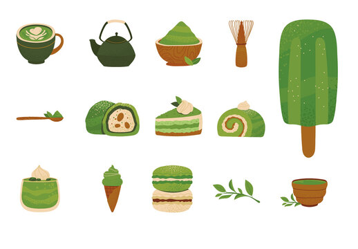 Colorful Matcha Tea Healthy Nature Food llustrations Set