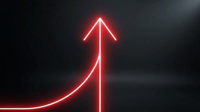 A glowing red neon arrow pointing upwards against a dark gradient backdrop, symbolizing growth