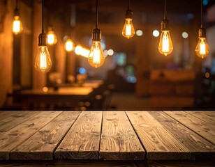 Close-up of a wooden table with hanging Edison light bulbs above