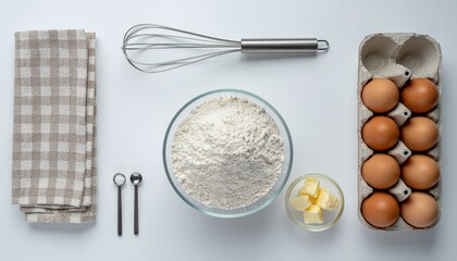 Top-down view of essential baking ingredients like flour, eggs, and butter ready for a homemade recipe preparation