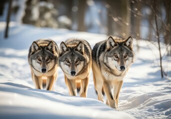Three wolves walking in snow covered forest during the winter season