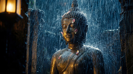 Serene buddha statue bathed in falling water and delicate flower petals, evoking a sense of peace and spirituality
