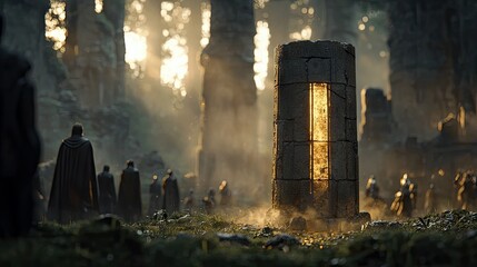 A group of robed figures gather around a tall, ancient stone pillar emitting a bright golden light in a misty forest clearing with ruins and sunbeams.