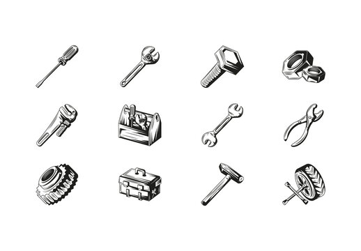 Black Tools Industrial Repair Mechanical Equipment Icons Set