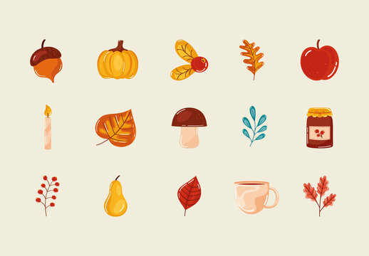 Orange And Yellow Autumn Leaves Fruits Food Illustrations Set