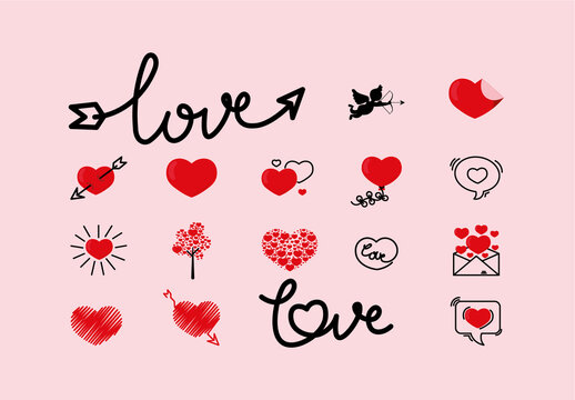 Colorful Love Heart Cupid Arrow Romantic Illustrations Set