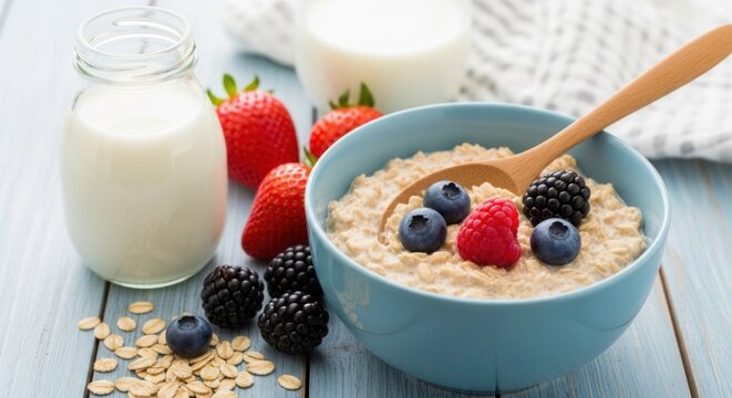 A bowl of oatmeal with berries and milk on a wooden table.