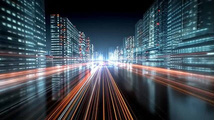 Dynamic cityscape at night showcasing vibrant light trails from moving vehicles amidst skyscrapers - Powered by Adobe