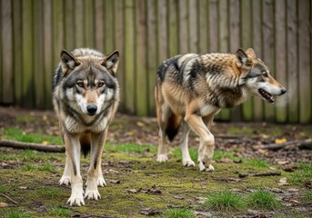 Two wolves standing in an enclosure with a wooden fence in the background