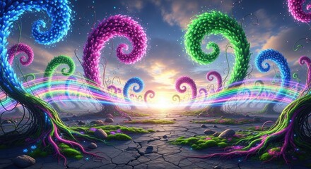 Surreal Landscape with Colorful Swirls and Glowing Horizon.