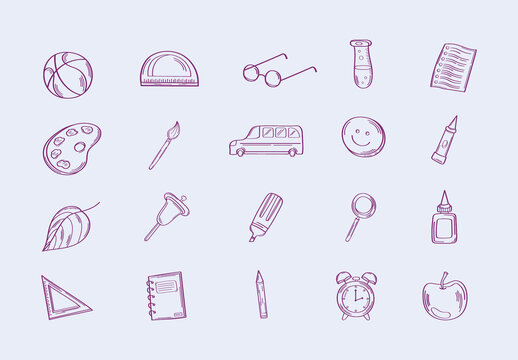 Purple School Education Supplies Doodle Icons Set