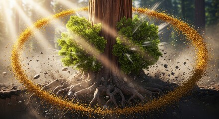 Symbolic Tree of Life with Golden Ring and Sunbeams.
