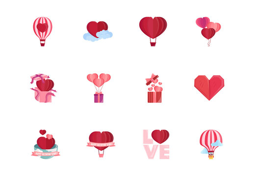 Red And Pink Valentines Day Paper Cut Love Romantic Illustrations Set